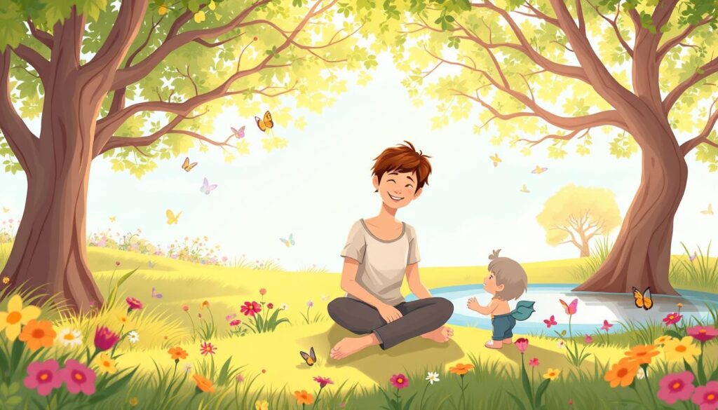 A serene illustrated garden scene of a person sitting with their younger self
