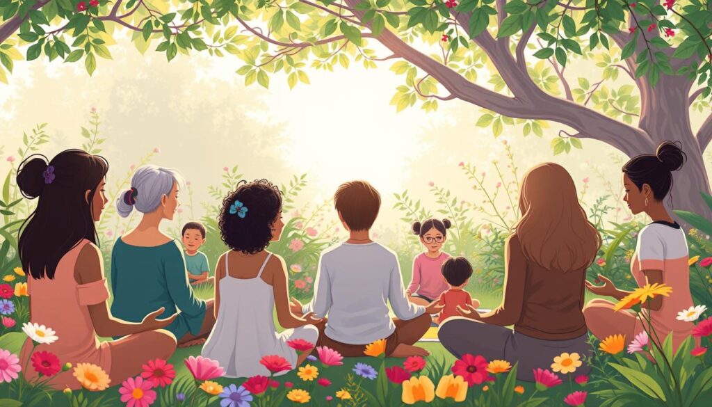 A diverse group in a calm garden setting engaging in guided meditation and gentle therapy