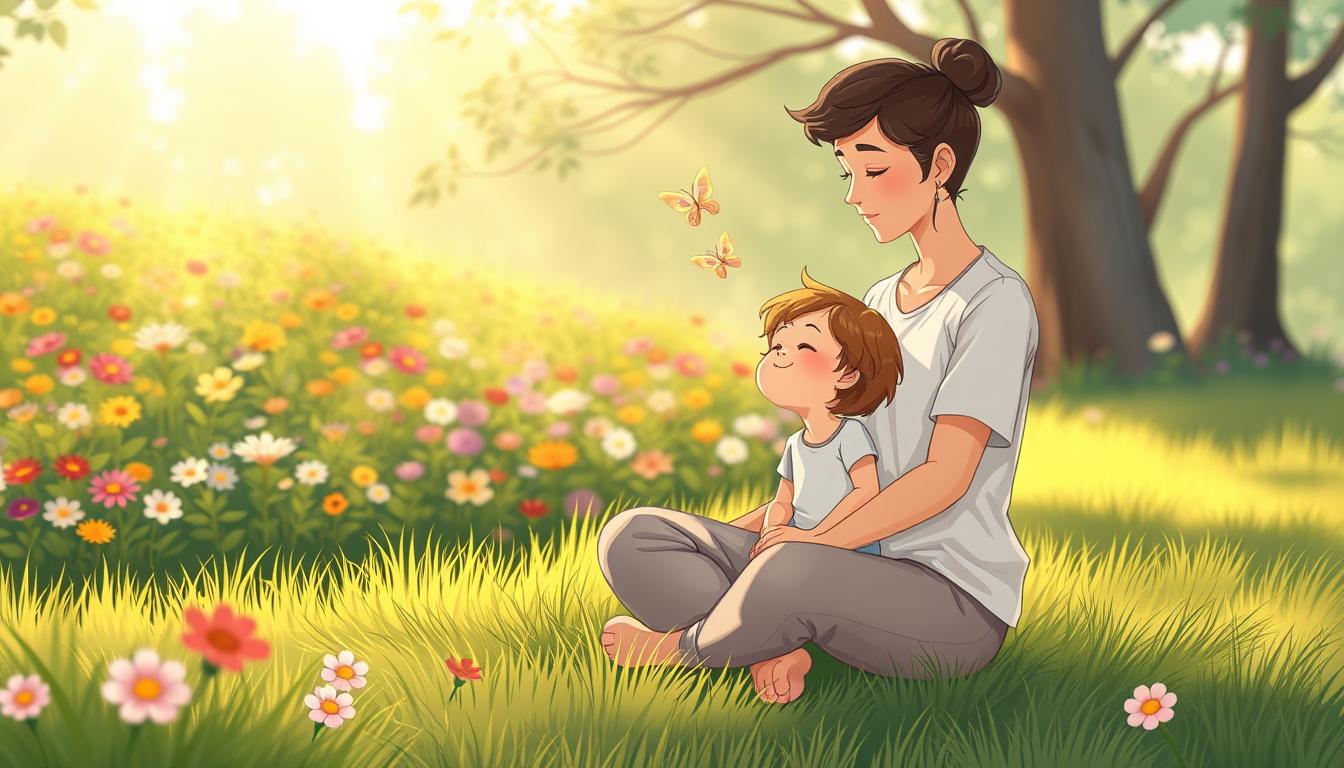 A person sitting calmly outdoors with a child, a gentle image of reconnecting with one's younger self